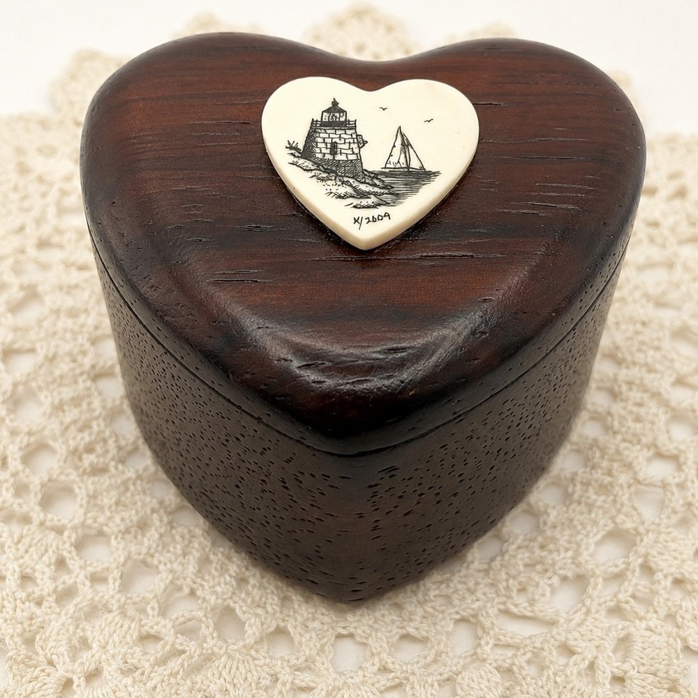 Scrimshaw Heart Shaped Wood Ring Box Lighthouse Sailboat Signed 2009